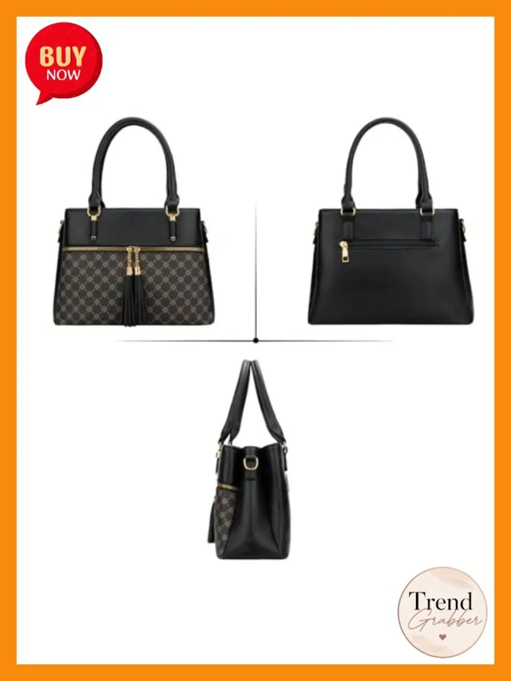 Vegan PU Leather Top Handle Satchel - 3 Compartment, Zipper Pockets